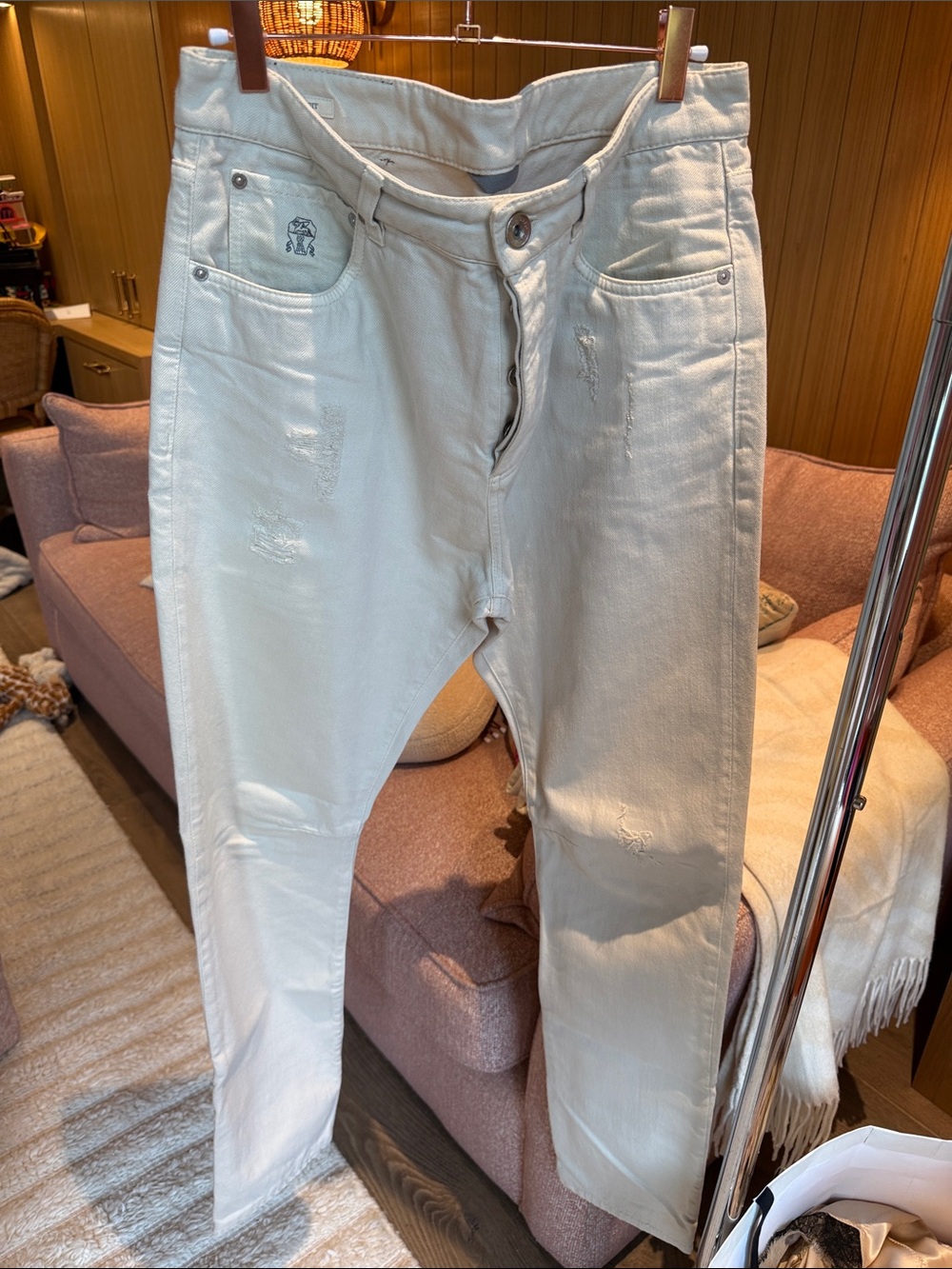 Brunello Cucinelli Slim Straight Cream Jeans/ with distressing